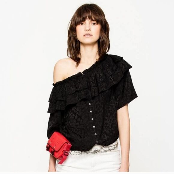 Zadig & Voltaire Milkmaid Tease Jac Leo Silk Off the Shoulder Top Size Large - Picture 1 of 8